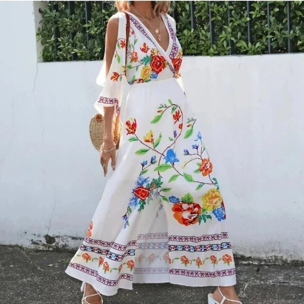White Floral Print Cold Shoulder Maxi Dress - Picture 1 of 5